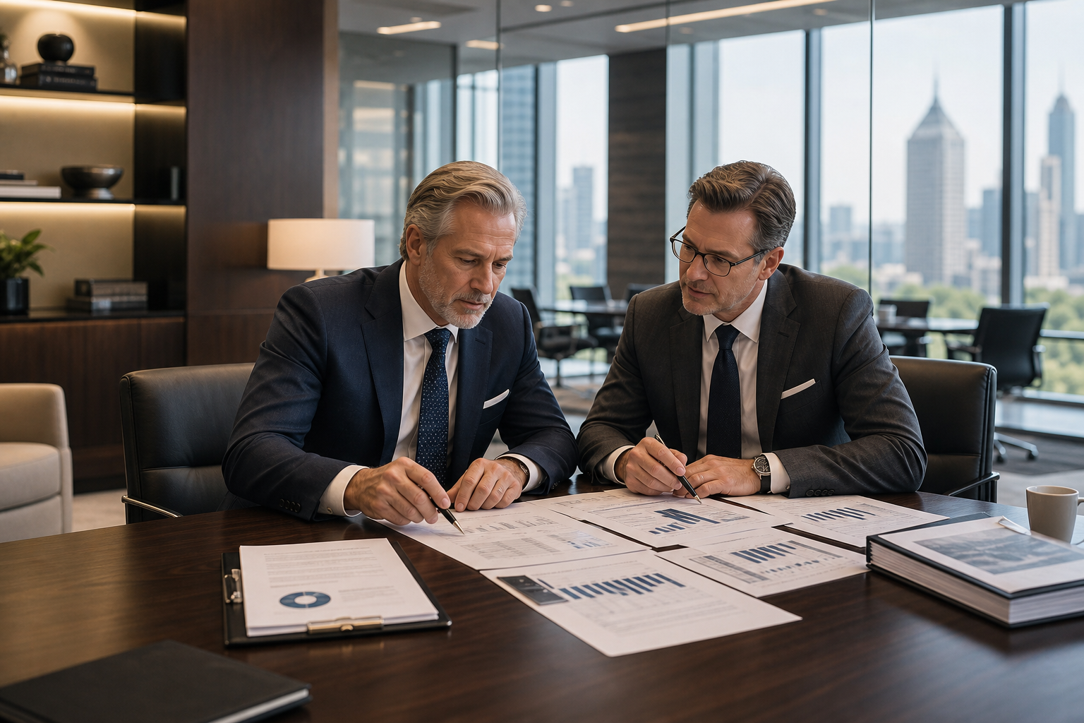 Wide premium consulting office scene with senior advisors reviewing investment reports and capital planning documents in a refined executive setting with subdued natural light