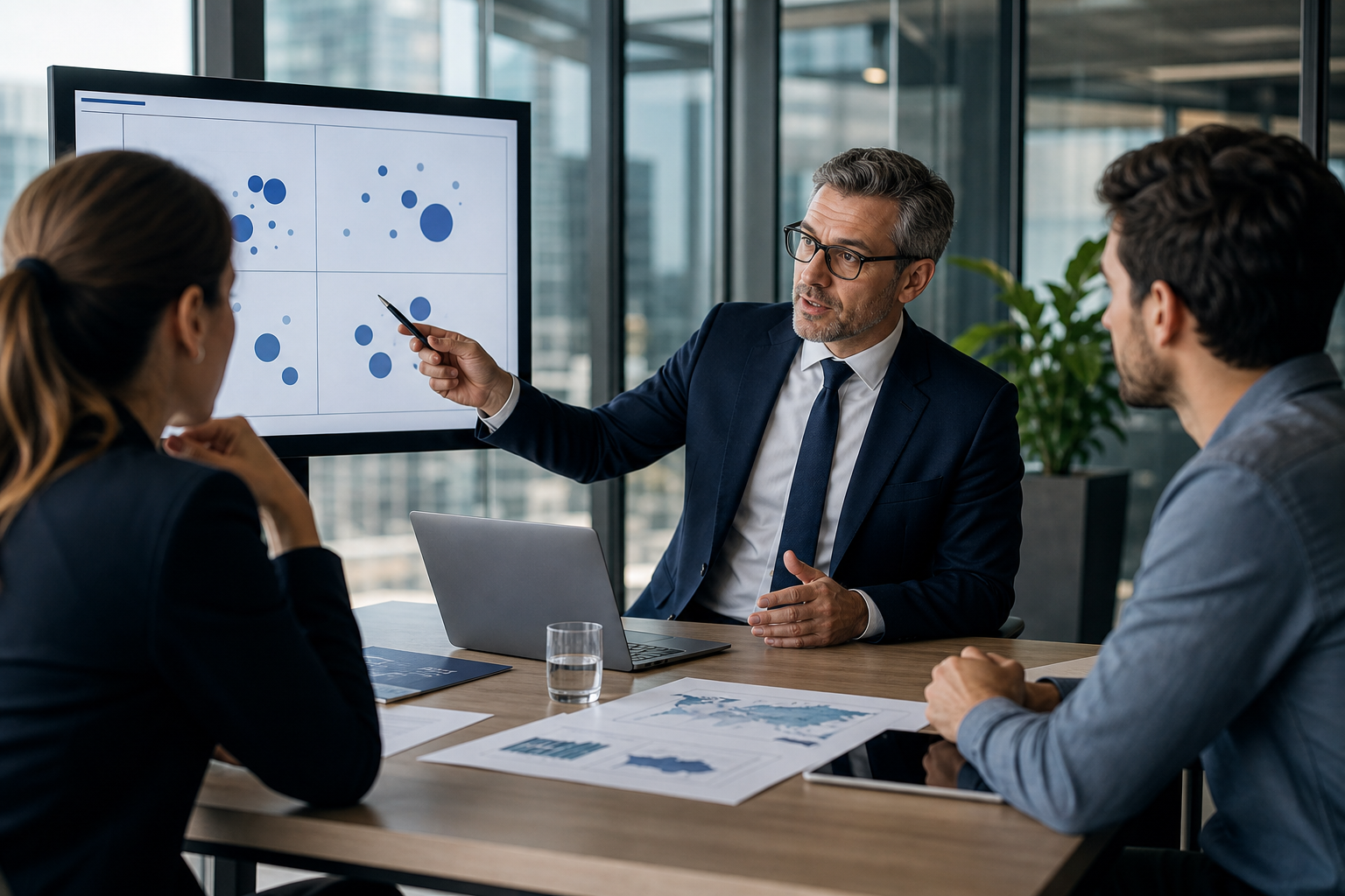 Senior consultant presenting investor segmentation strategy in a modern boardroom