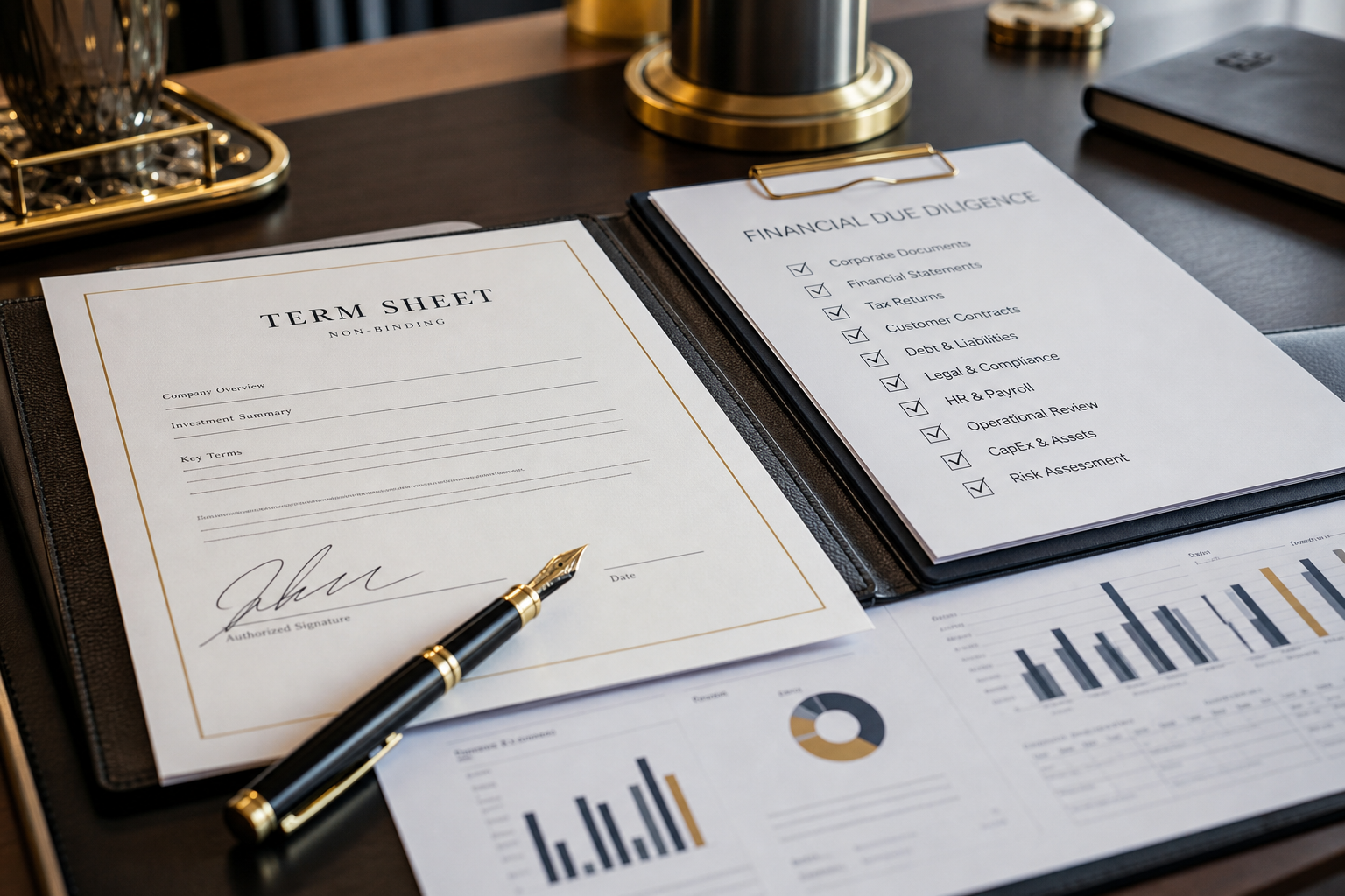 Close-up of signed term sheet documents and analytical charts on an executive desk