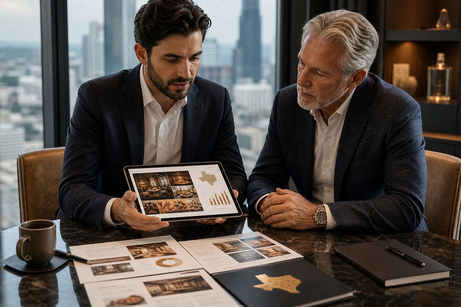 Founder refining a pitch deck with advisor feedback in a premium office setting