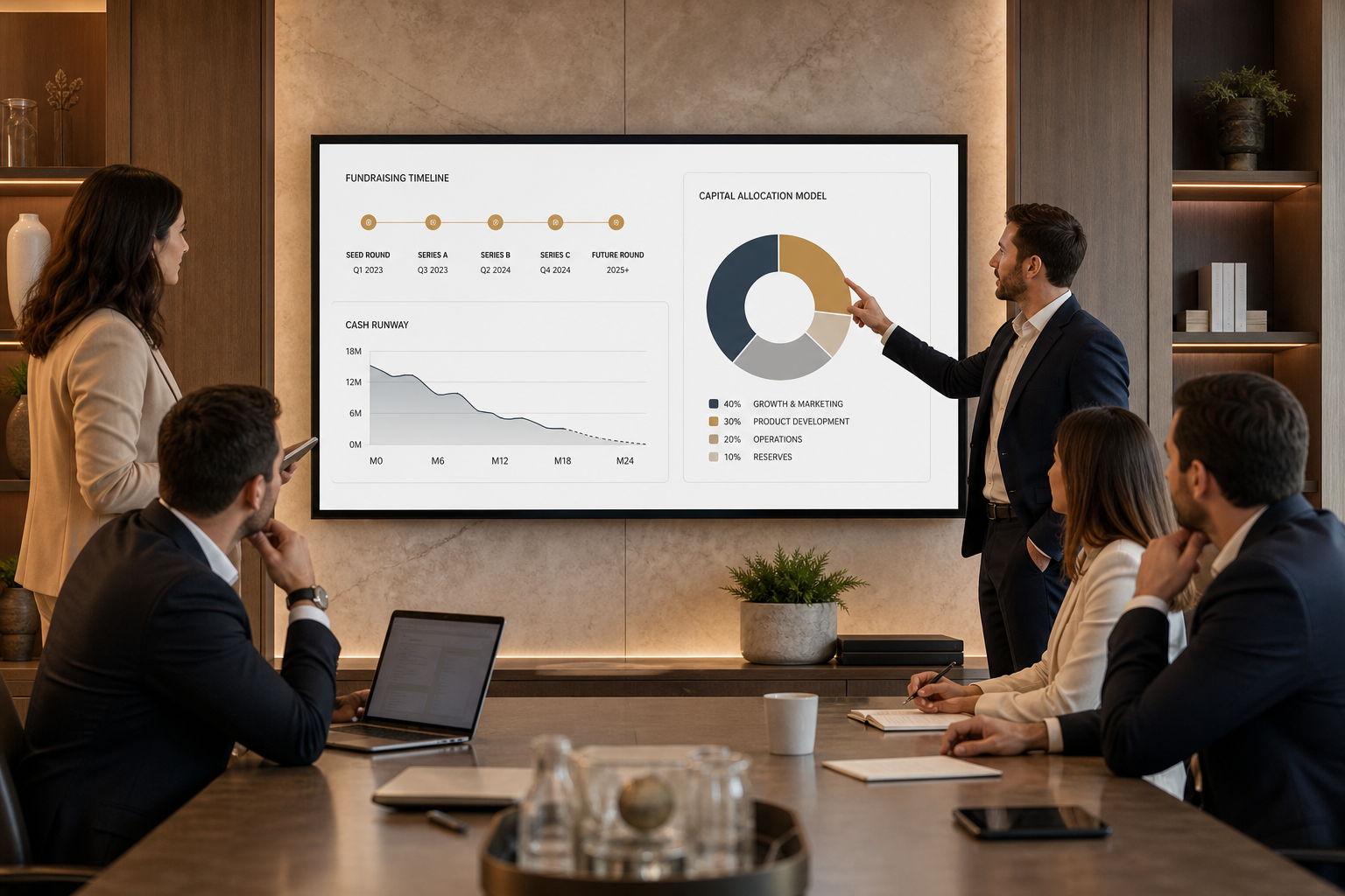 Executive team reviewing fundraising roadmap with financial projections on a large screen