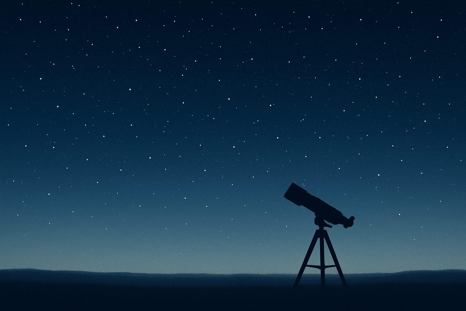 Quiet star-filled night sky over a low horizon with a subtle telescope silhouette