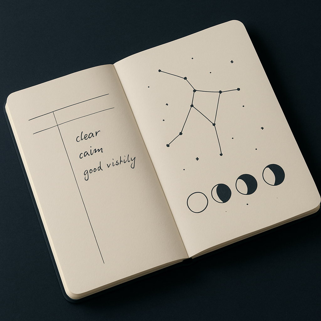 Minimal star chart notebook page with plotted constellations, moon phase sketches, and concise handwritten observing notes