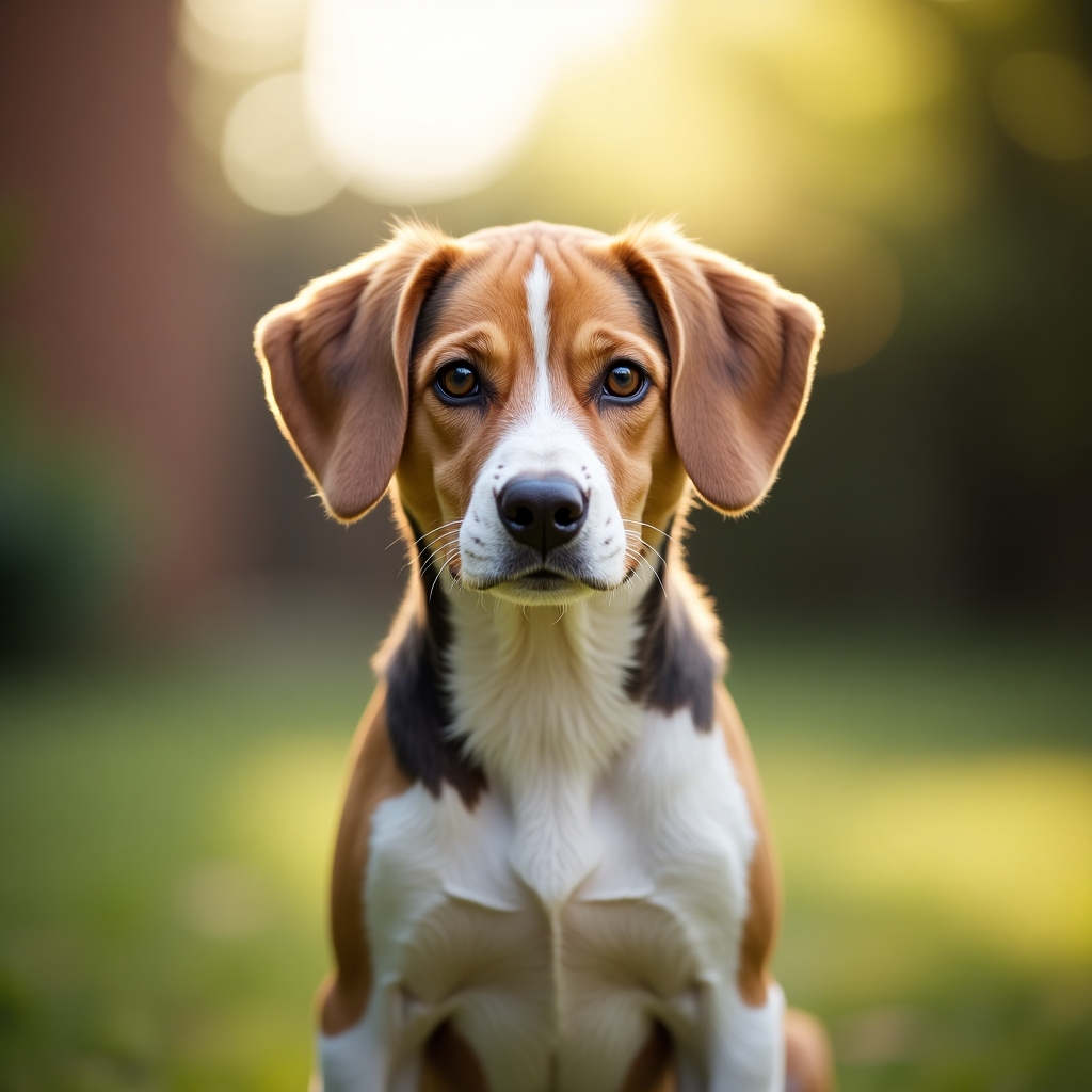 Small tri-color beagle with bright eyes and short coat standing in a sunlit yard