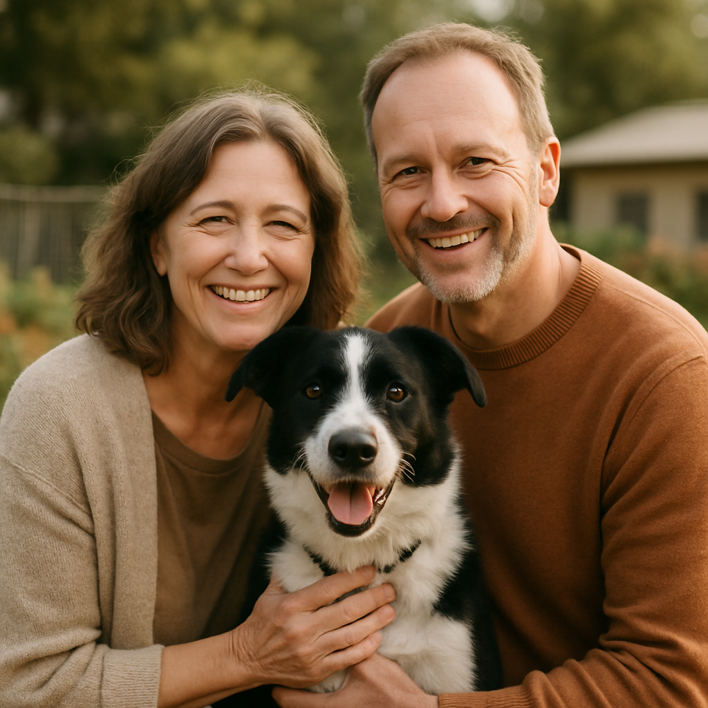 Smiling middle-aged couple with a black and white border collie mix
