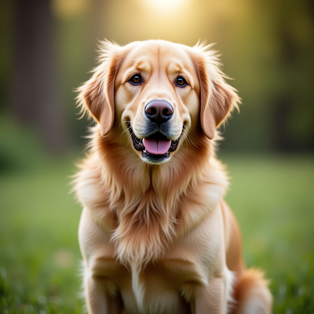 Large golden retriever with a fluffy honey coat sitting on grass, looking gentle and calm