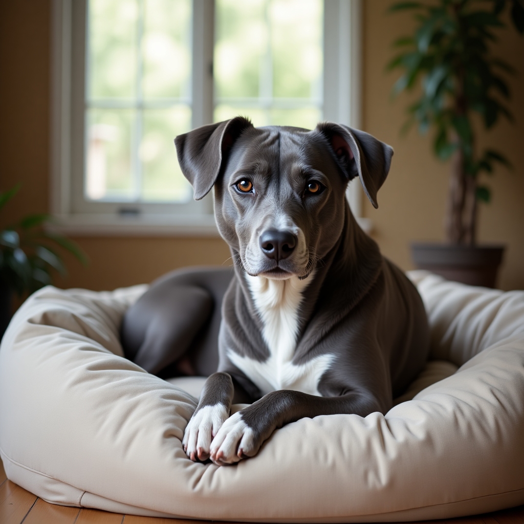 Medium gray mixed-breed dog with a white chest lounging on a cozy shelter bed