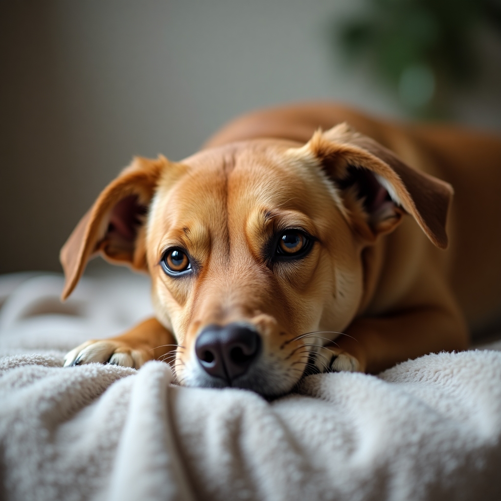 Medium-sized tan mixed-breed rescue dog resting on a cozy blanket with a calm, trusting expression