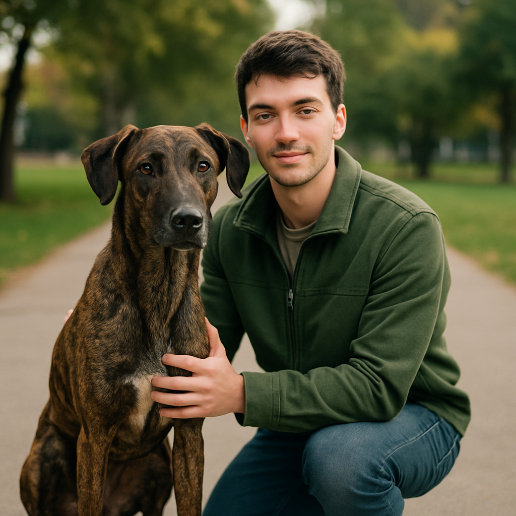 Young man in a green jacket kneeling beside a tall brindle shelter dog