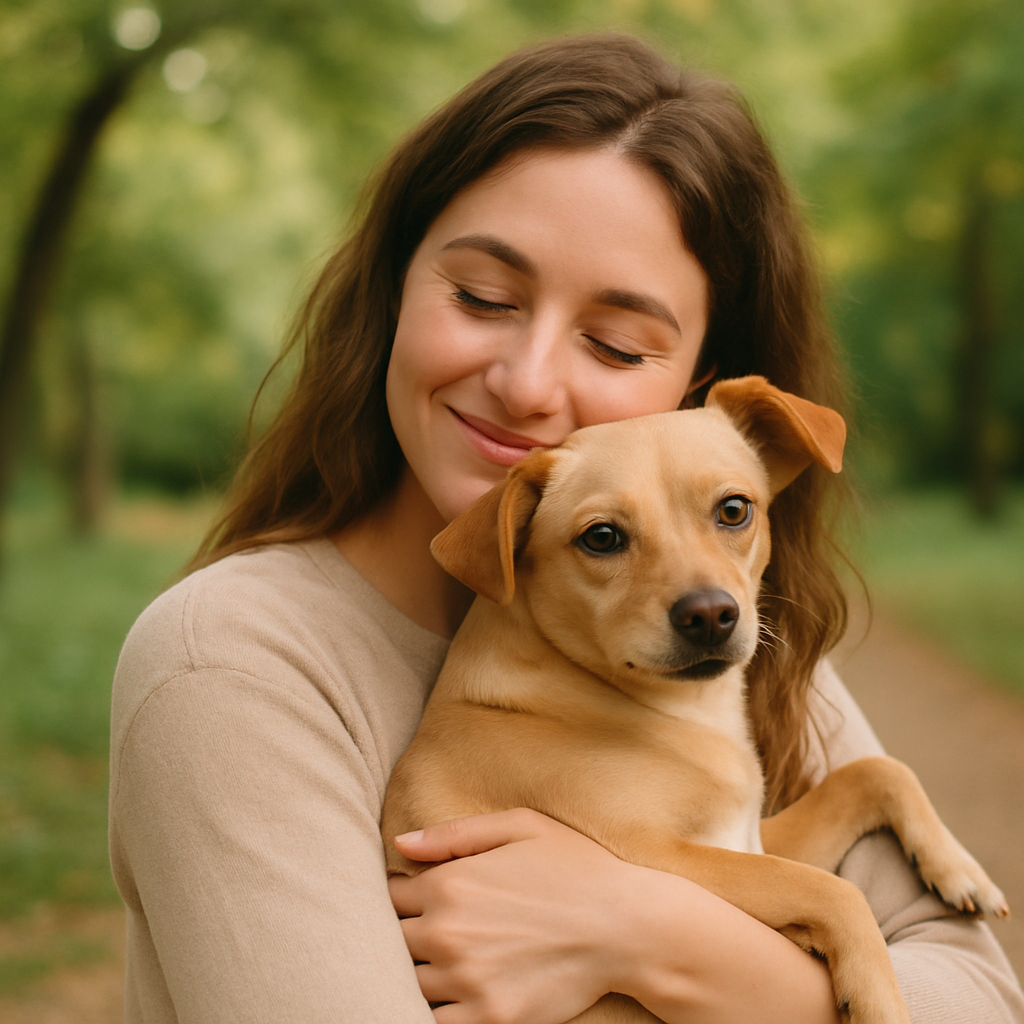 Warm portrait of a young woman hugging a small tan rescue dog outdoors