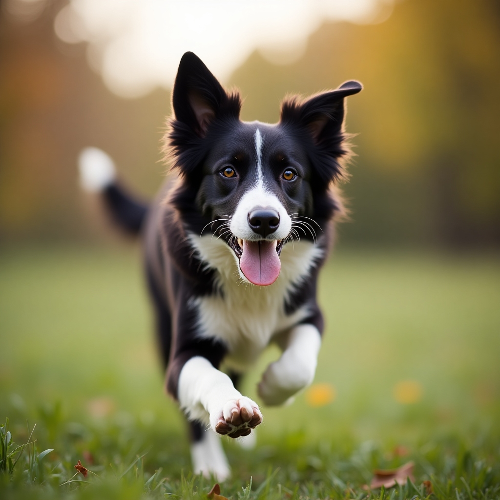Medium black and white border collie with perked ears running on a grassy field