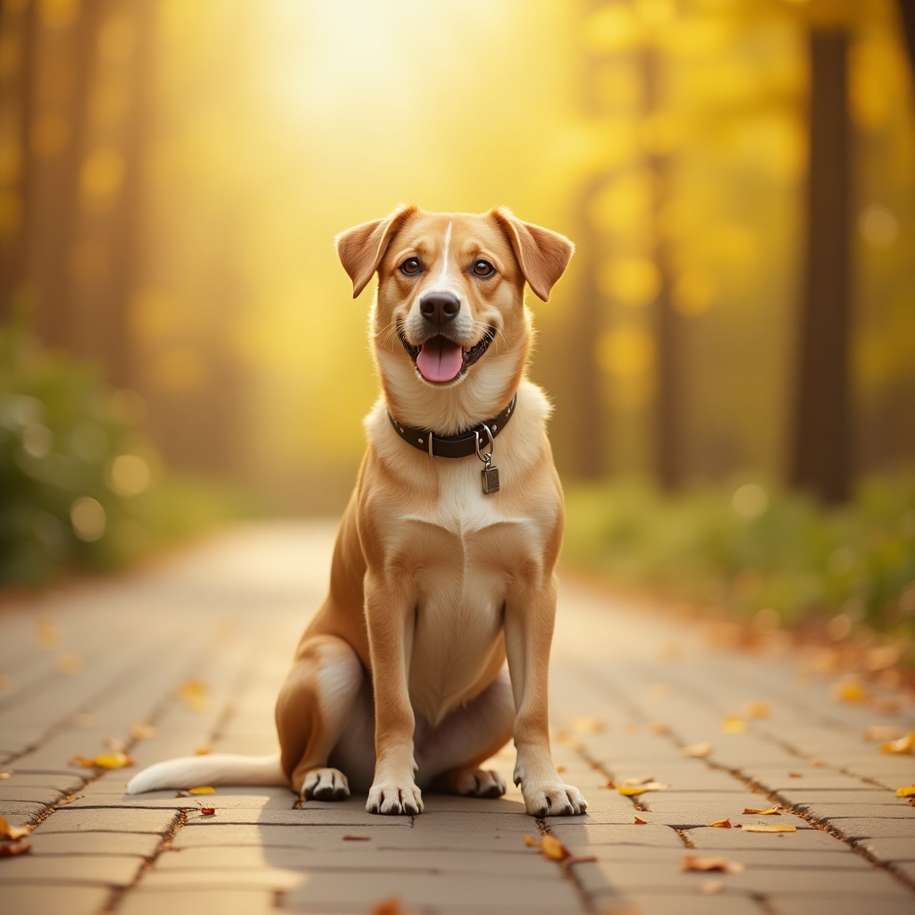 Happy medium-sized rescue dog with golden-brown fur sitting next to a smiling young adult on a sunlit grassy path