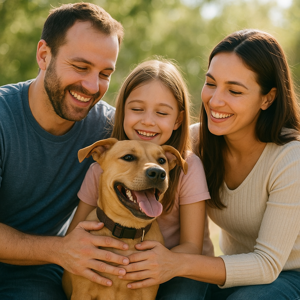 Happy medium-sized rescue dog with golden-brown fur sitting next to a smiling young adult on a sunlit grassy path