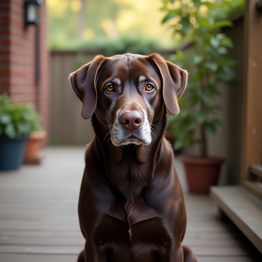 Older chocolate labrador with a silver muzzle sitting peacefully on a porch