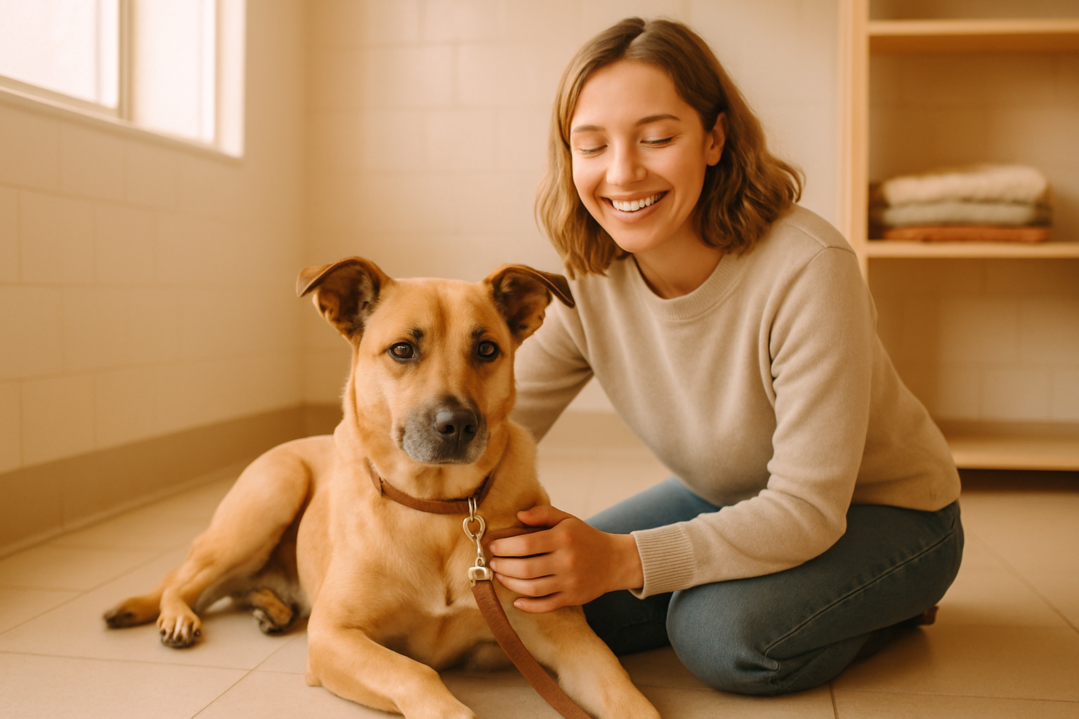 A calm rescue dog resting beside a caring volunteer in a bright shelter room