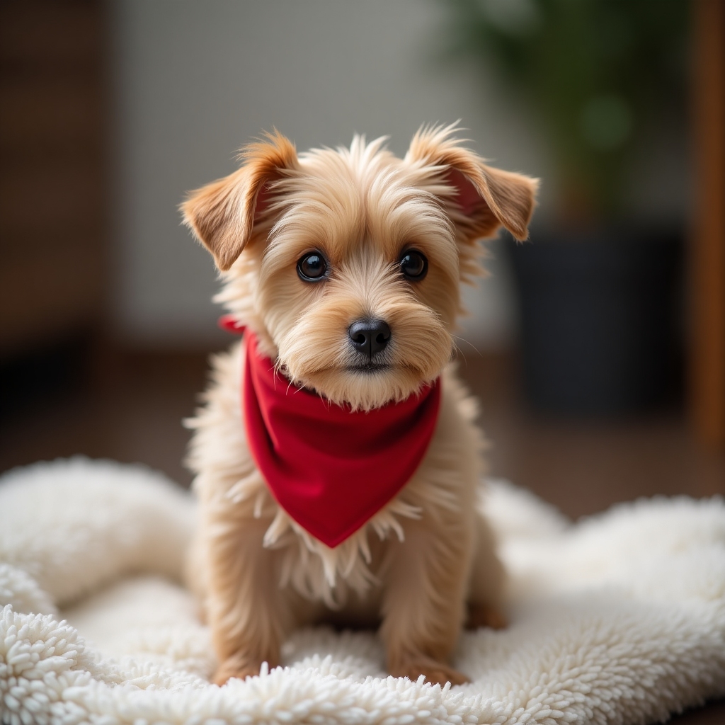 Tiny tan terrier with wiry fur and a red bandana sitting on a blanket