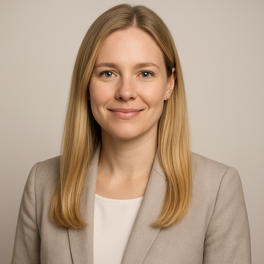 Portrait of Iryna, a woman with long blonde hair wearing a light blazer