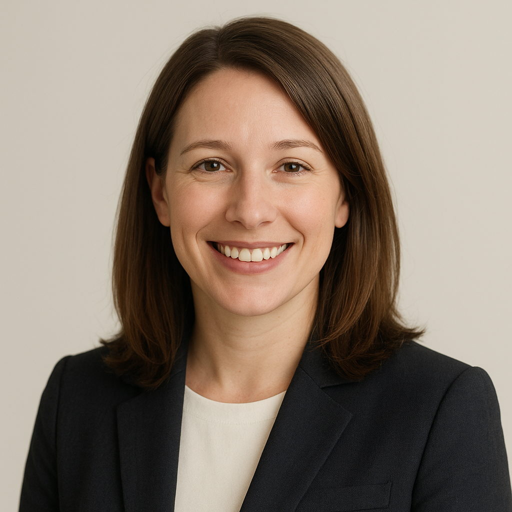 Portrait of Olena, a smiling woman with shoulder-length chestnut hair
