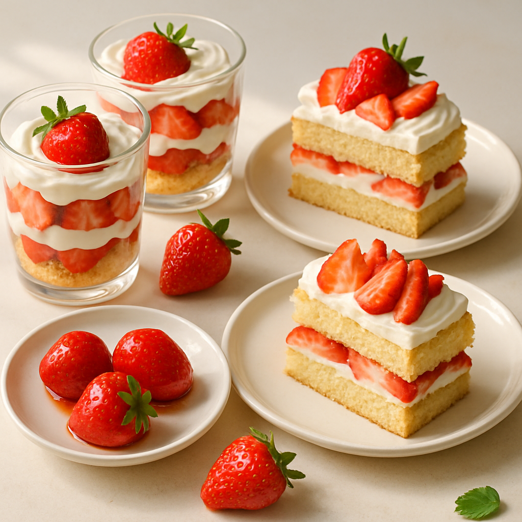 A selection of strawberry desserts including layered parfaits, shortcake slices, and glazed berries on plates