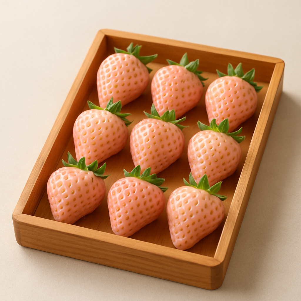 A neat wooden tray holding pale pink Japanese strawberries with glossy skin and delicate leaves