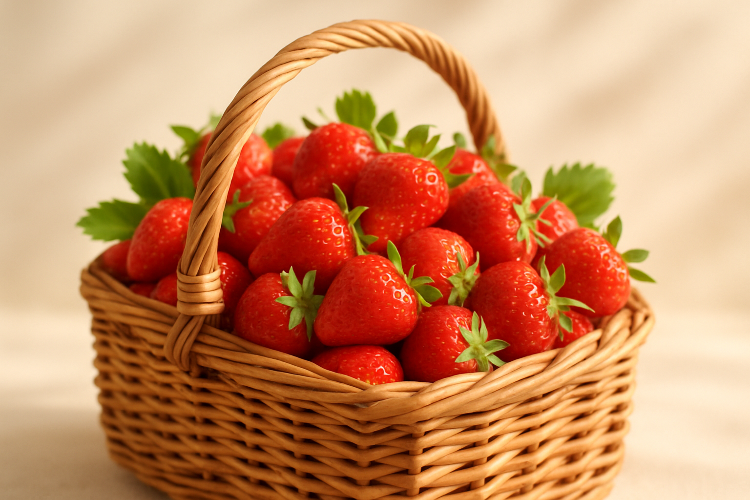 A woven basket overflowing with ripe red strawberries and green leaves, softly lit with a summery glow