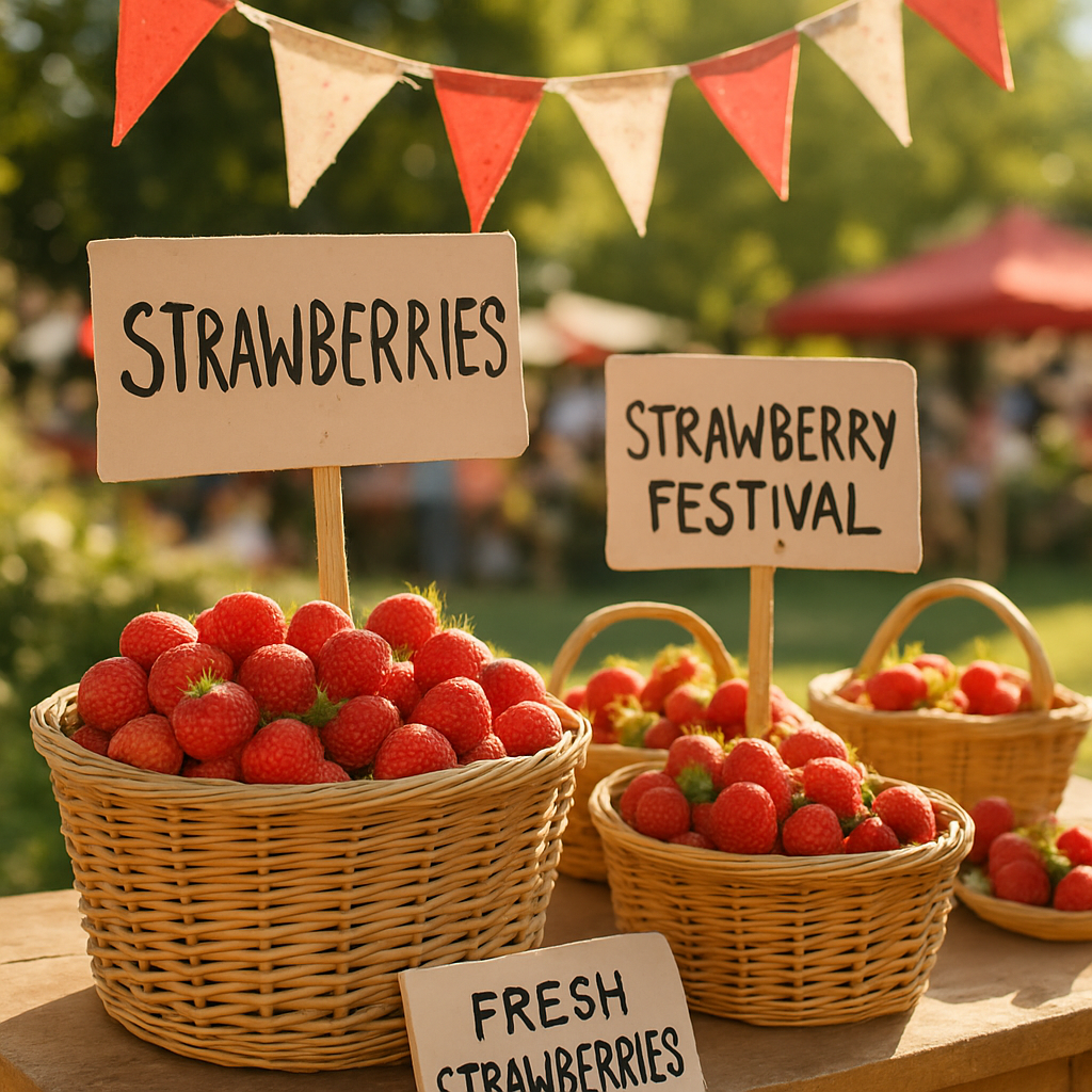 A lively outdoor strawberry festival table with baskets of strawberries and bunting in warm sunlight