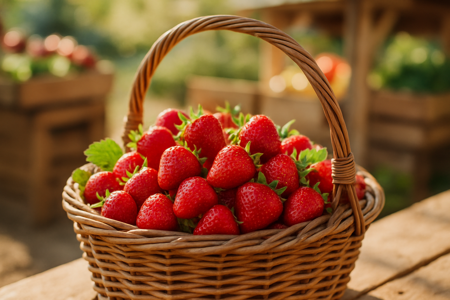 Rustic woven basket filled with glossy red strawberries and green leaves at a sunny outdoor market