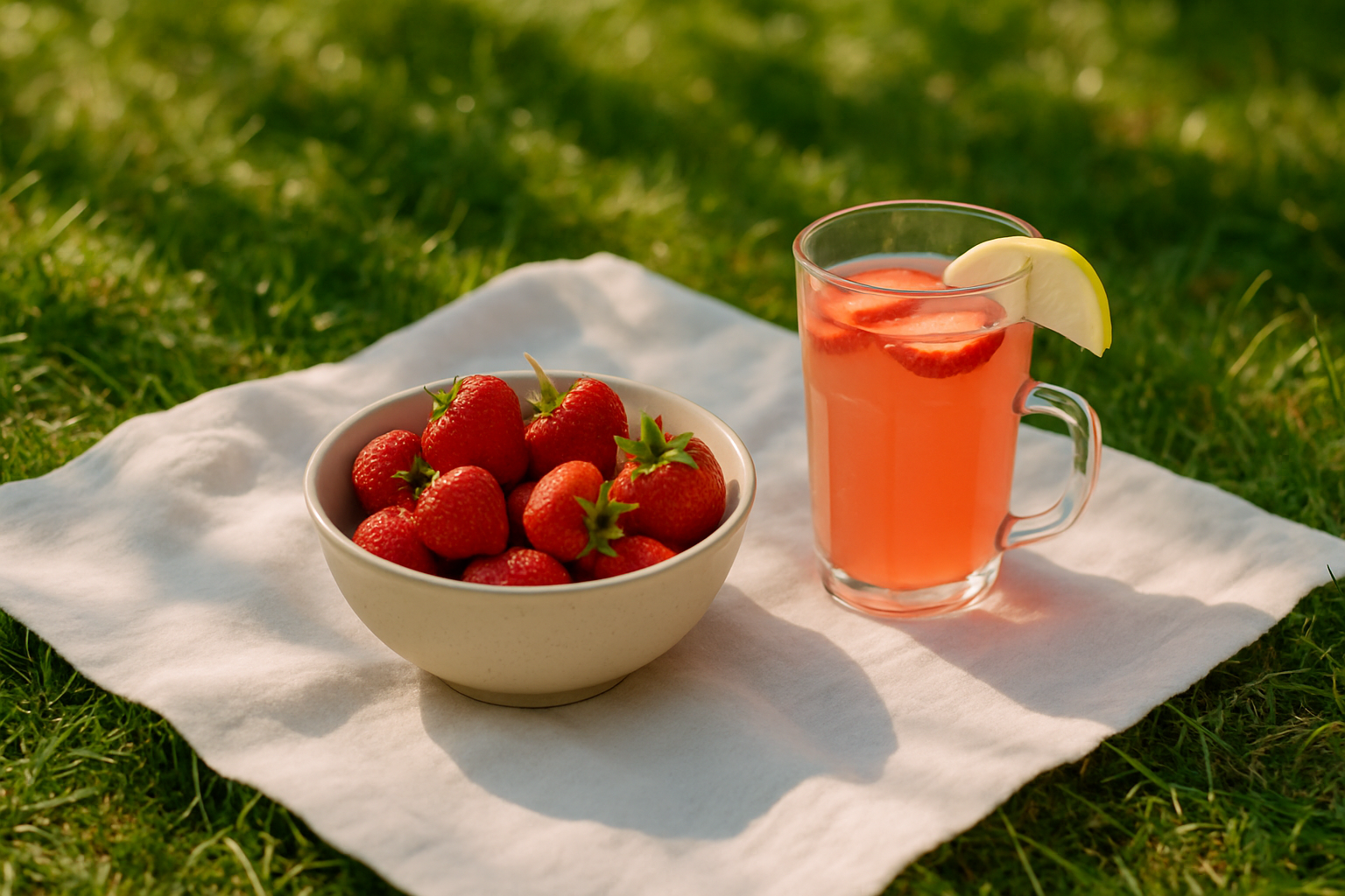 Summer picnic scene with a bowl of strawberries on a linen cloth, dappled sunlight, and a glass of strawberry drink
