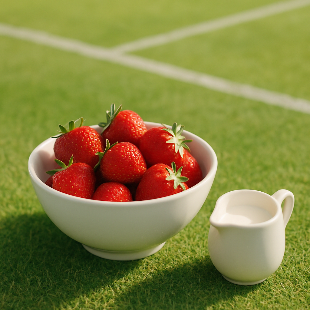 A porcelain bowl of ripe red strawberries with a pour of cream beside a green tennis lawn