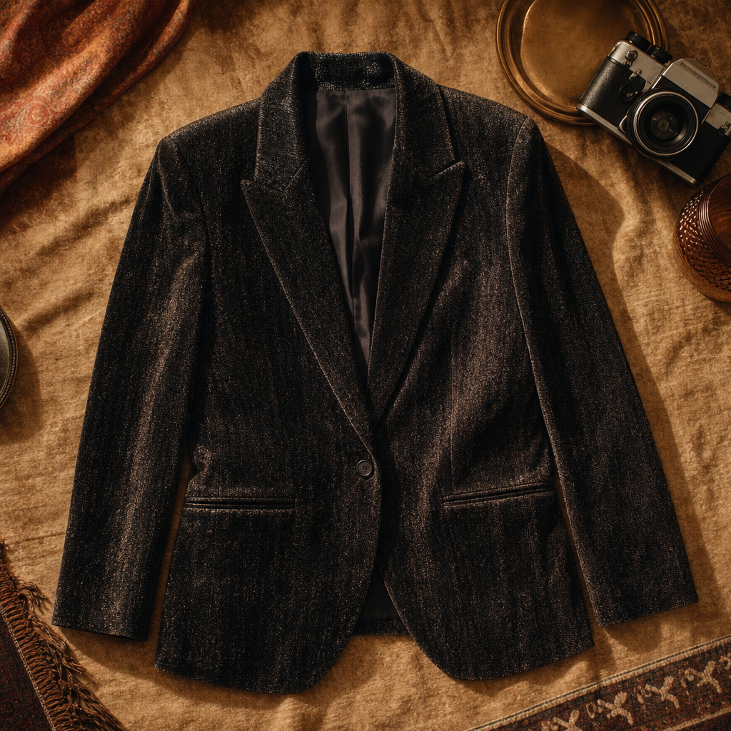 Structured black blazer with subtle shimmer and unmistakable 80s evening attitude.