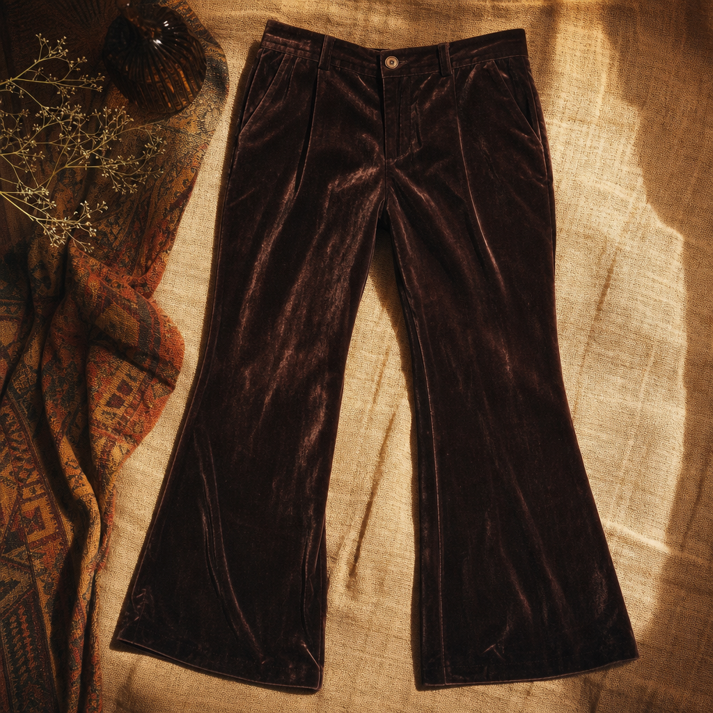 Deep rust high-waisted trousers with bold shape and vintage statement appeal.