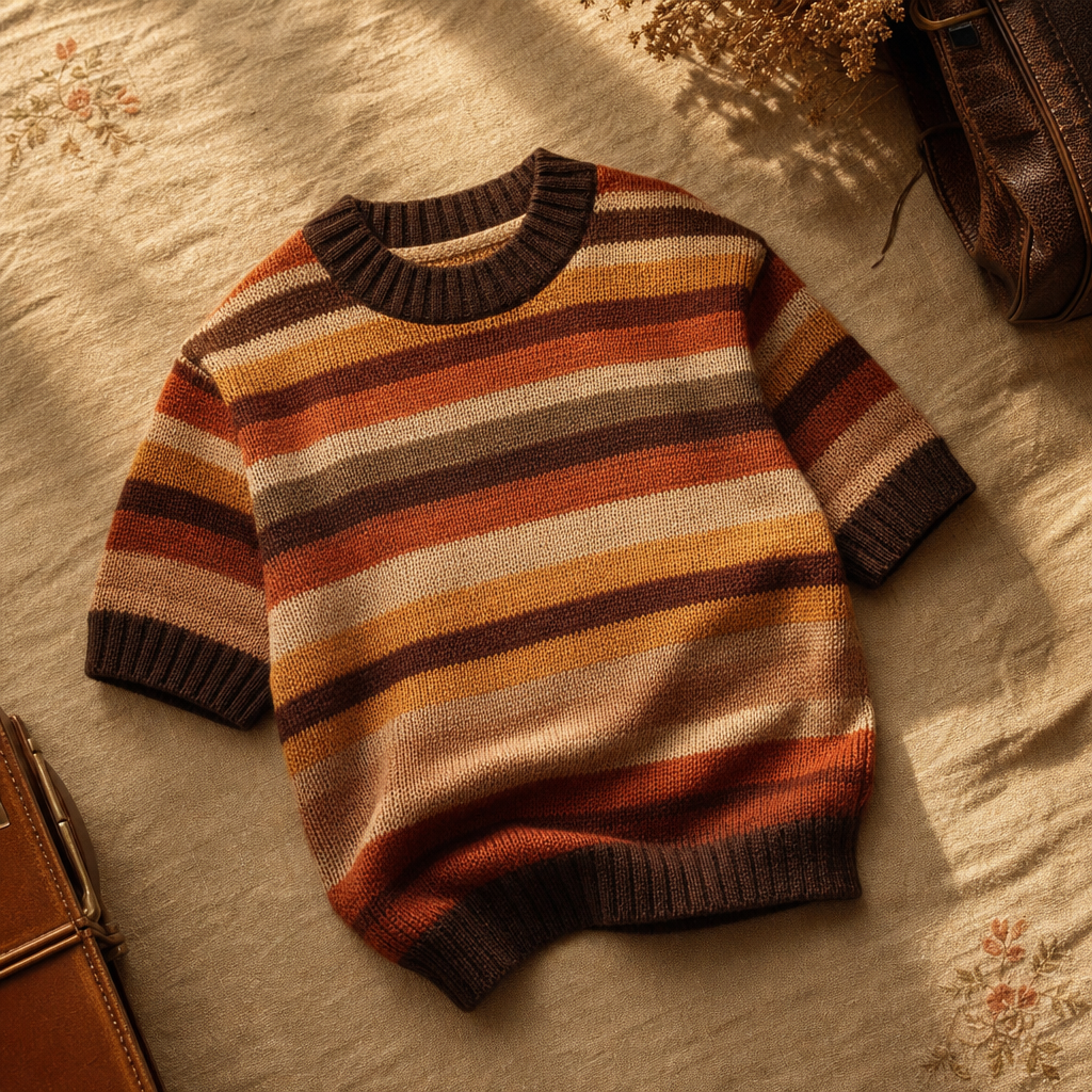 Earth-tone striped knit with a relaxed fit and warm retro texture.