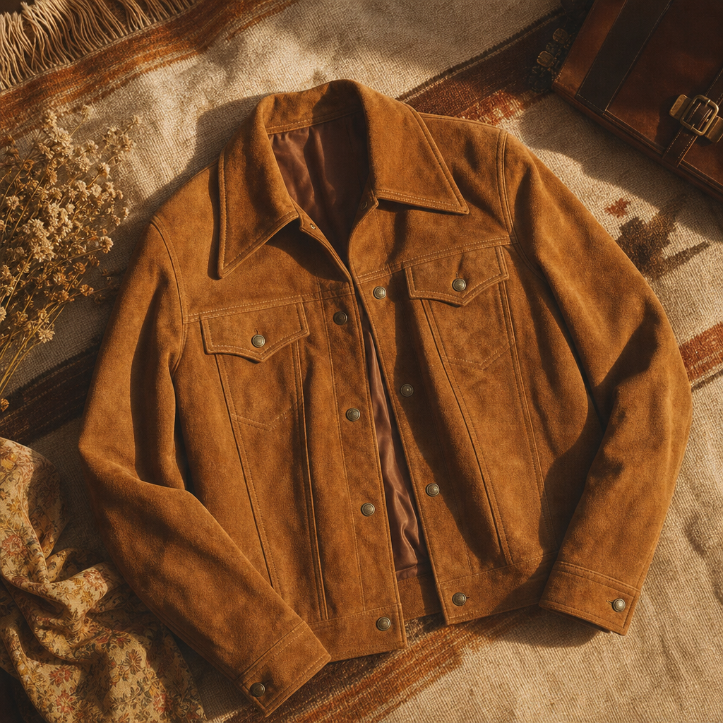 Soft caramel suede with sharp 70s tailoring and a cropped vintage silhouette.