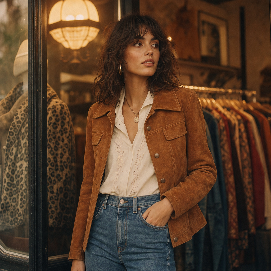 Editorial portrait of a model wearing a caramel suede jacket and high-waisted denim, standing by a warm-lit boutique window