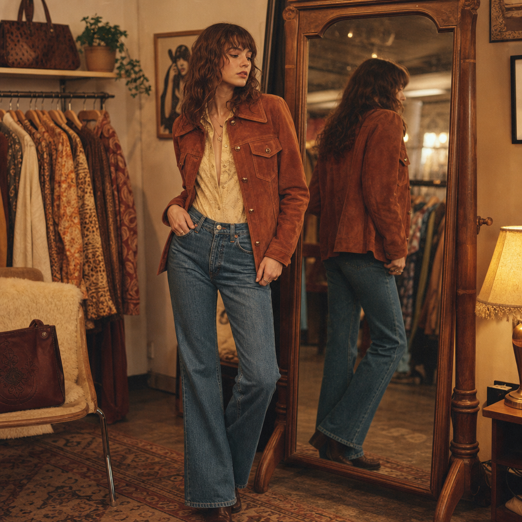 Warm film-style portrait of a model wearing a burnt sienna 70s suede jacket with flared denim, standing beside a vintage mirror in a softly lit boutique