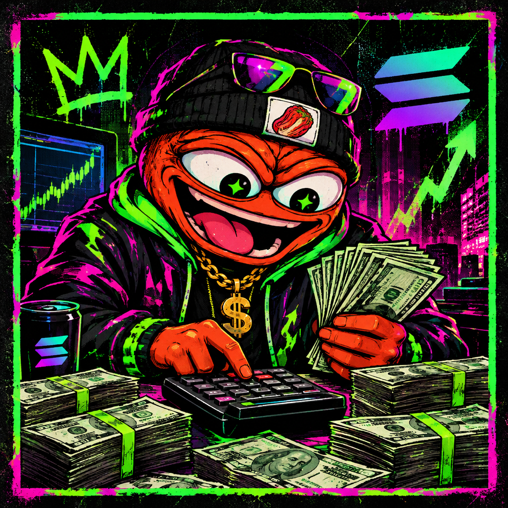 Small framed cartoon portrait of Kimchi Phil in neon streetwear counting cash with meme energy