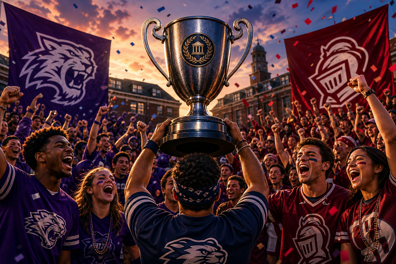 Stylized collegiate rivalry scene with an Alpha Cup trophy held high in front of a cheering campus crowd and team banners