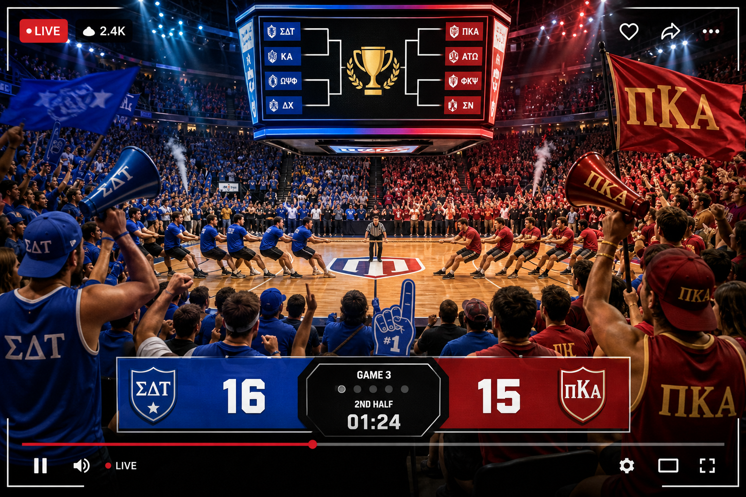 Energetic sports livestream screen with collegiate crowd, match scoreboard overlay, and bright arena lighting