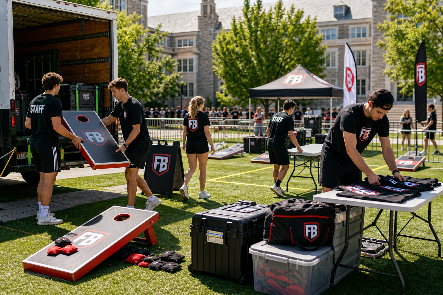 Tournament crew unloading cornhole boards, signage, and event gear while preparing a collegiate competition zone