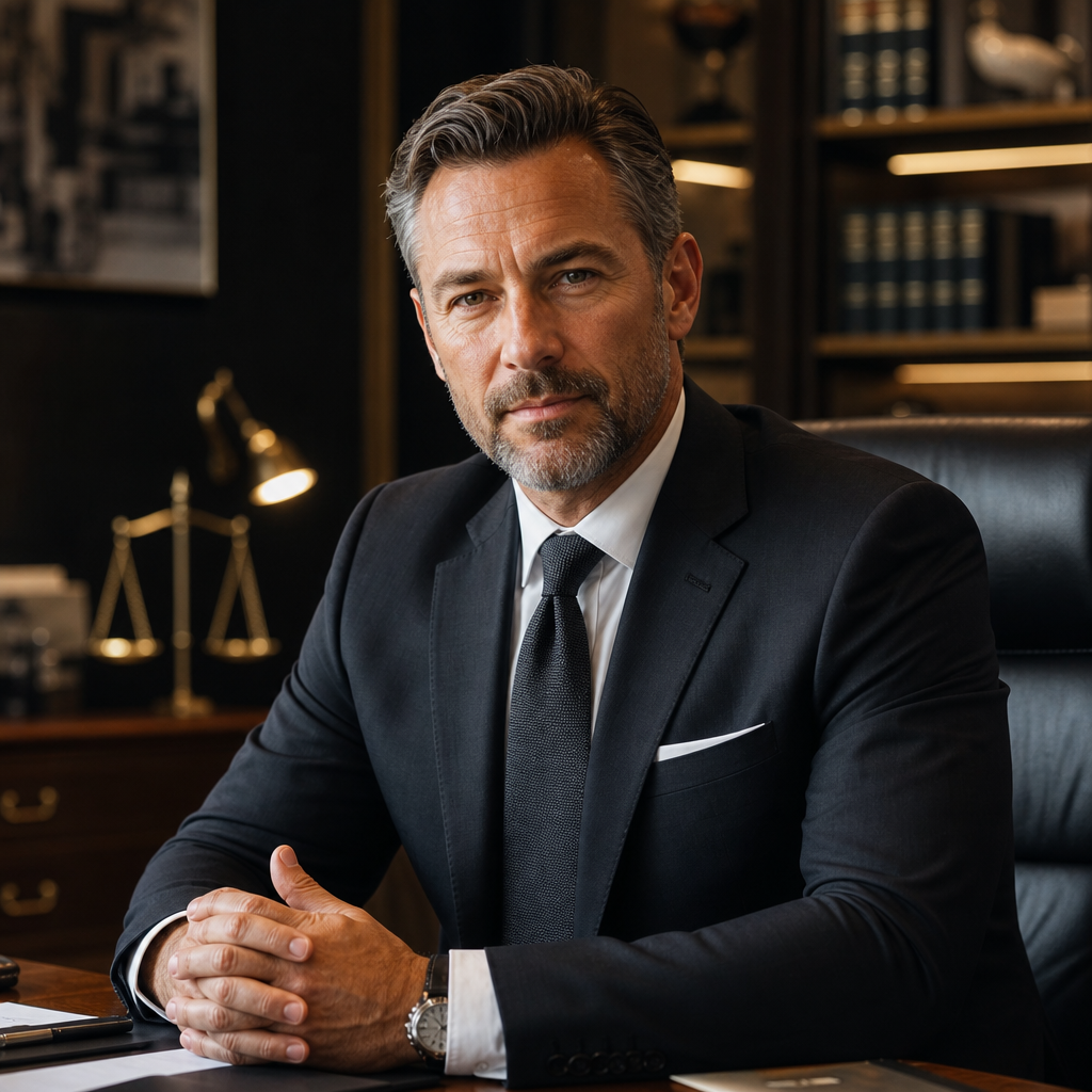 White male attorney with light brown hair and trimmed beard, wearing a dark suit and gold pocket square, studio portrait