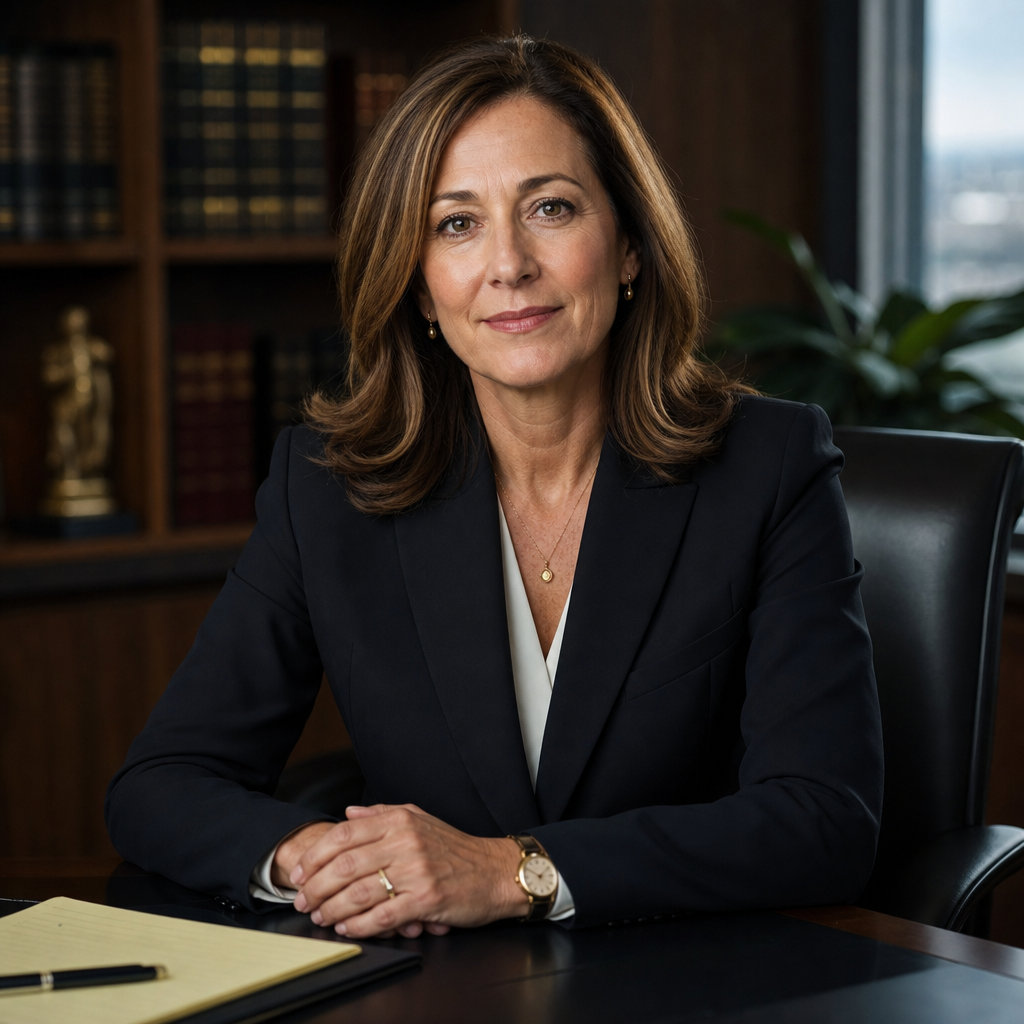 Confident middle-aged Latina attorney with sleek dark hair, wearing a tailored charcoal suit and gold pin, studio portrait