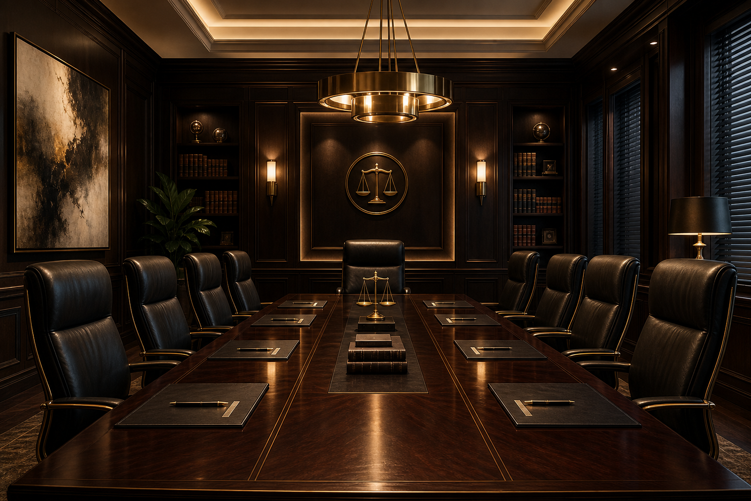 Sophisticated law firm office interior with dark wood paneling, brass accents, and a polished conference table illuminated by soft warm lighting