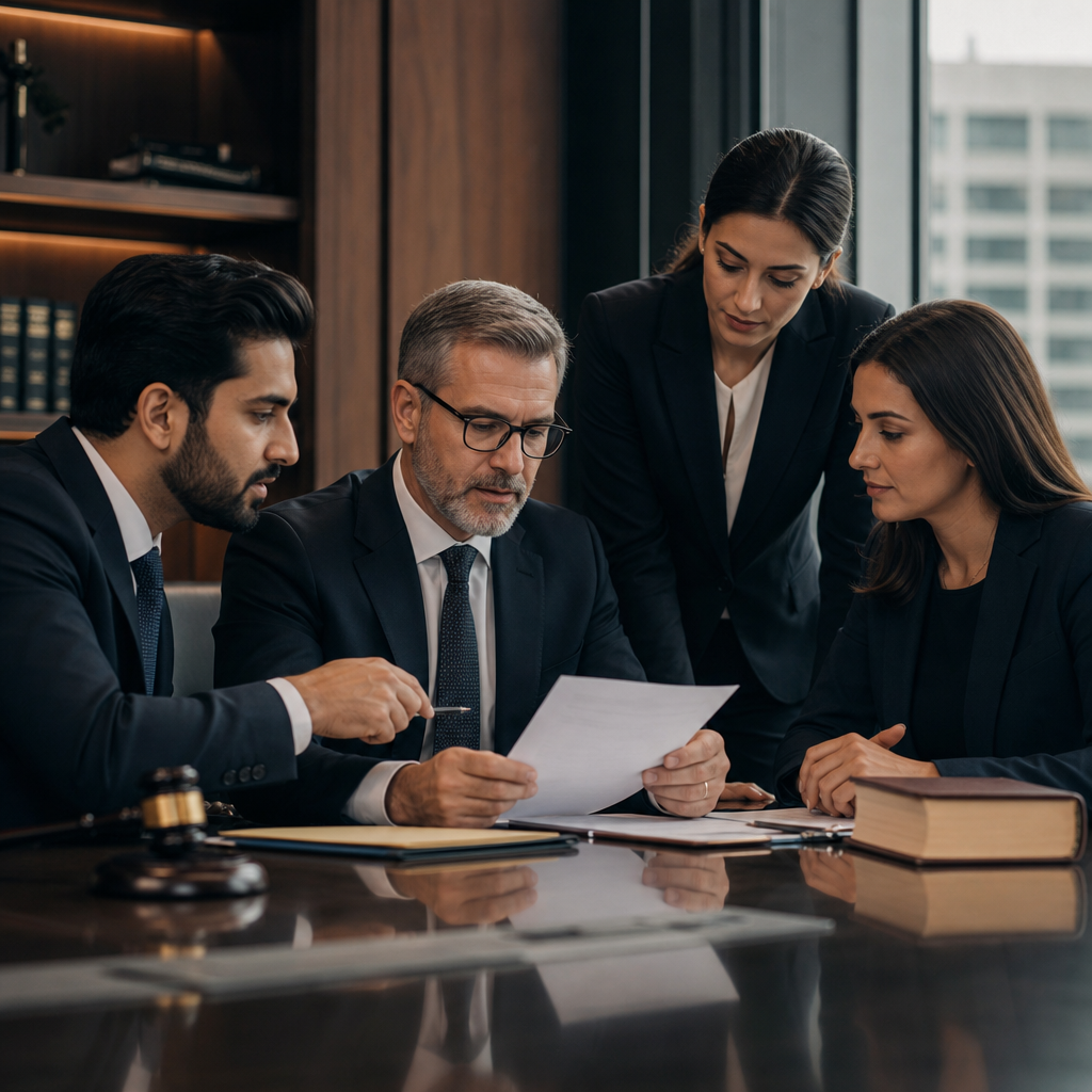 Elegant legal team in a sleek executive office, reviewing documents under soft gold-toned lighting