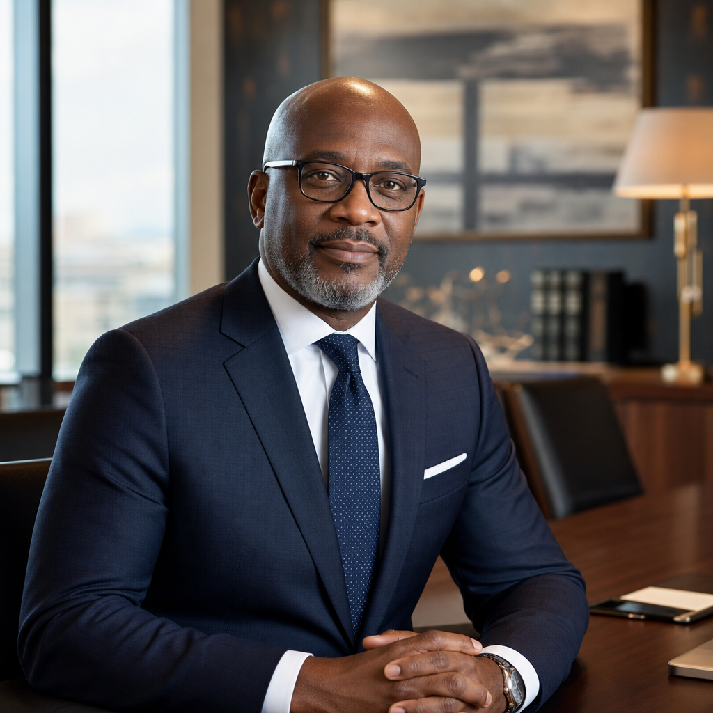 Professional Black male attorney with short hair and glasses, wearing a navy suit and muted gold tie, studio portrait