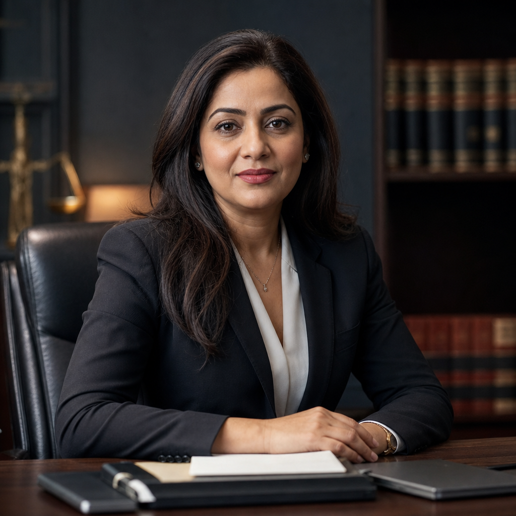 South Asian female attorney with long wavy hair, wearing a deep green blazer and subtle gold jewelry, studio portrait