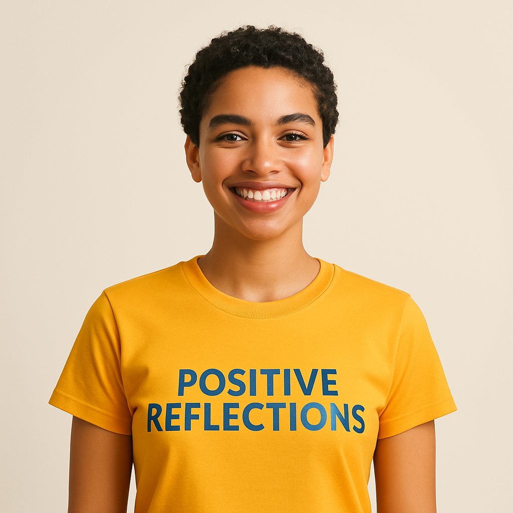 Smiling young woman in a bright Positive Reflections t-shirt, short curly hair, medium skin tone