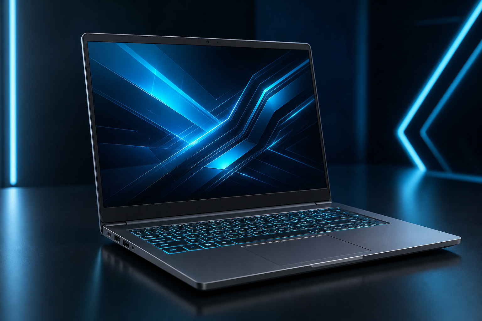 Sleek graphite laptop with a cyan-lit keyboard and a bright abstract interface on the screen