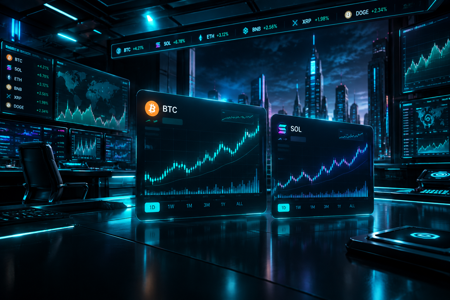 Cinematic dark trading environment with glowing dashboards, ticker strips, and high-energy crypto market atmosphere