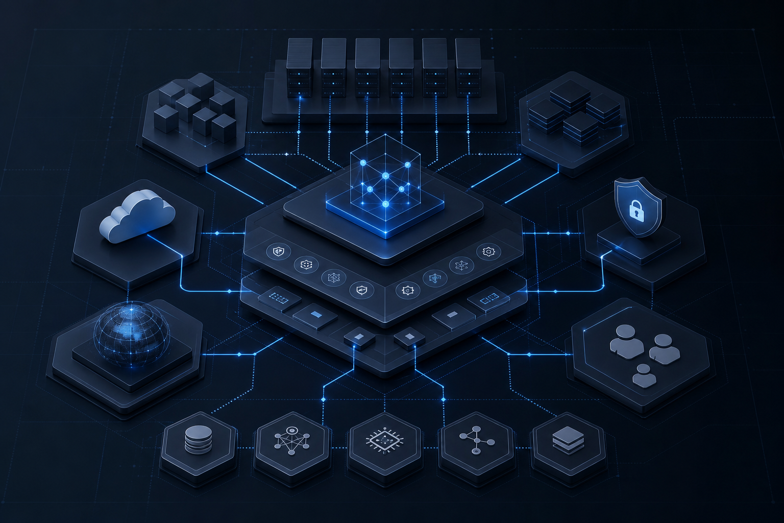 Abstract infrastructure blueprint diagram with layered nodes, secure pathways, and systems topology lines in a dark enterprise style