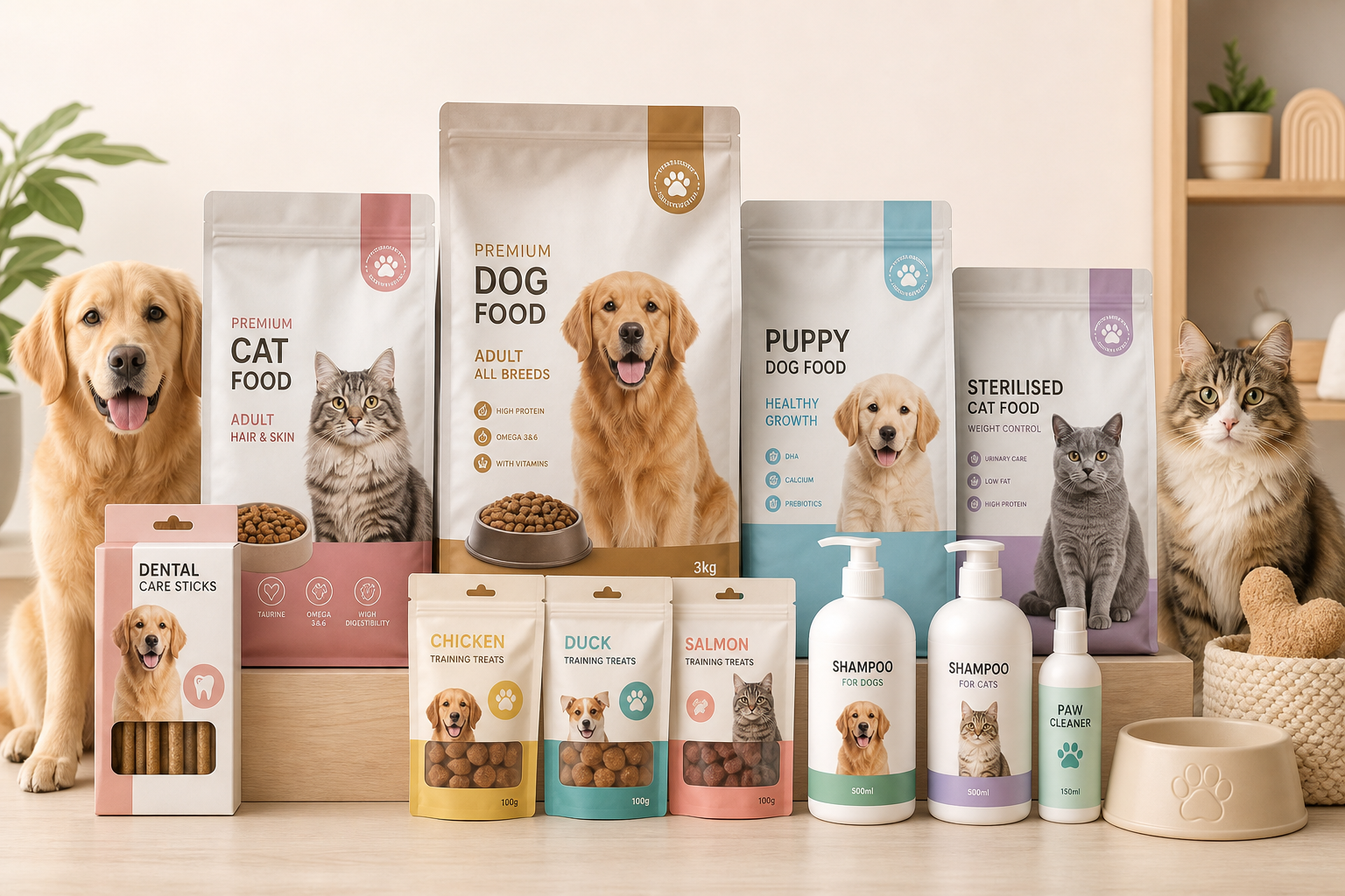 Düzenli raf hissi veren modern petshop vitrini: kedi ve köpek mama paketleri, ödül ürünleri ve bakım ürünleri bir arada